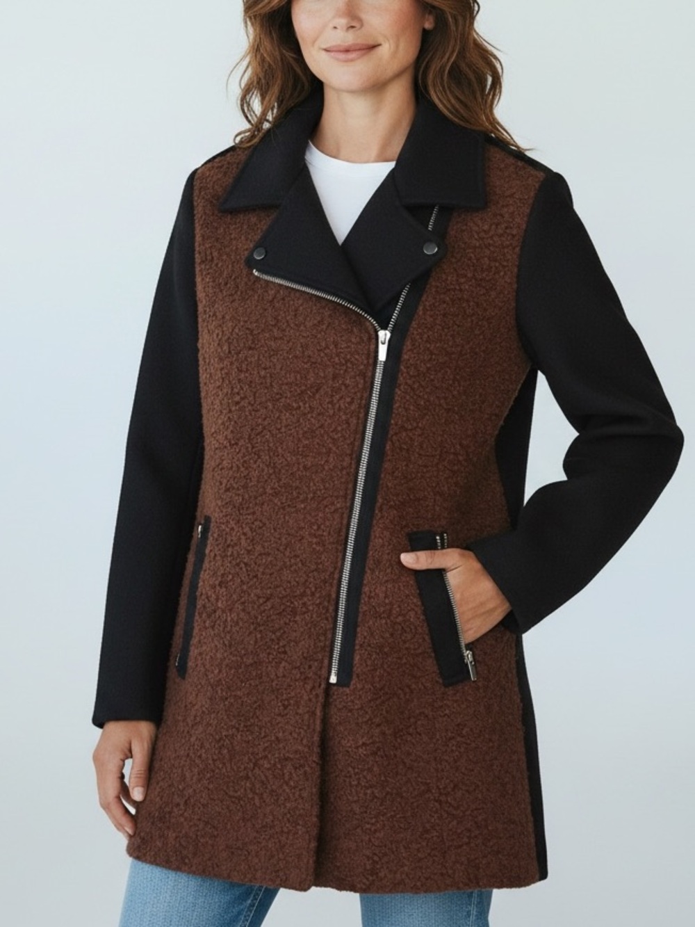 NWT McGinn Wool Blend Women's Brown & Black  Zippered Pea Coat, Lined, Size L